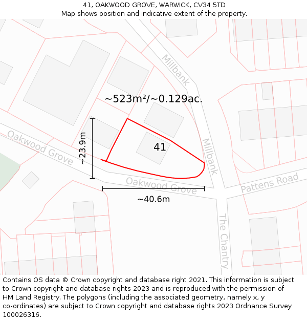 41, OAKWOOD GROVE, WARWICK, CV34 5TD: Plot and title map