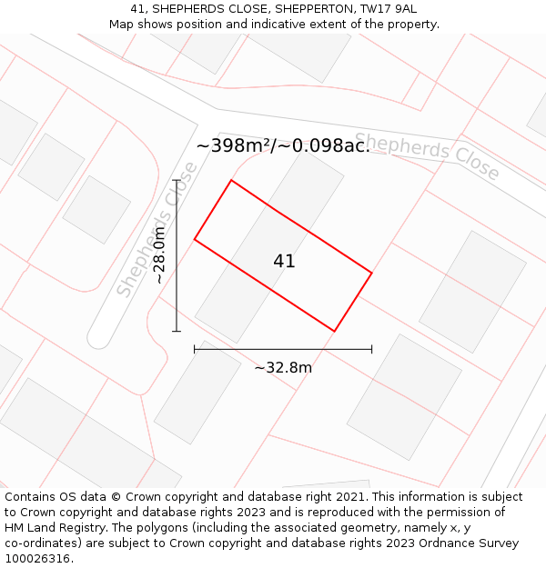 41, SHEPHERDS CLOSE, SHEPPERTON, TW17 9AL: Plot and title map