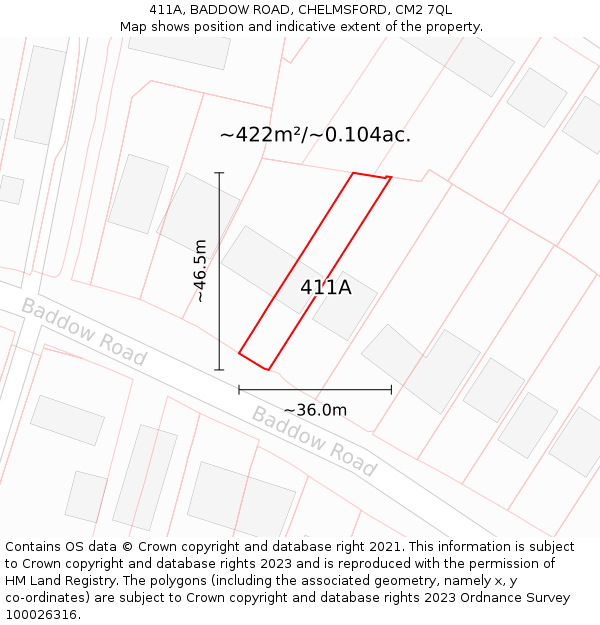 411A, BADDOW ROAD, CHELMSFORD, CM2 7QL: Plot and title map