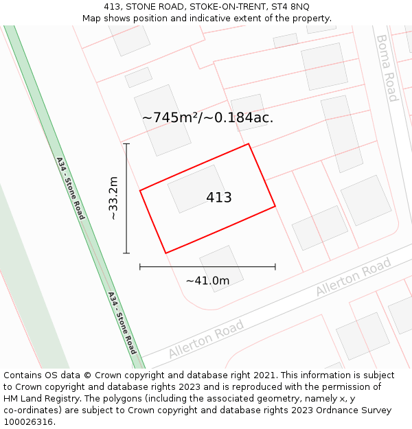413, STONE ROAD, STOKE-ON-TRENT, ST4 8NQ: Plot and title map