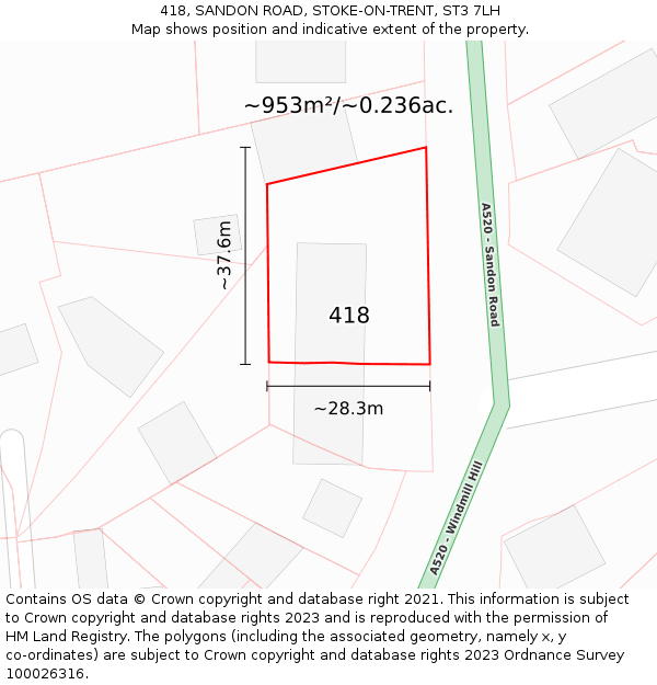 418, SANDON ROAD, STOKE-ON-TRENT, ST3 7LH: Plot and title map