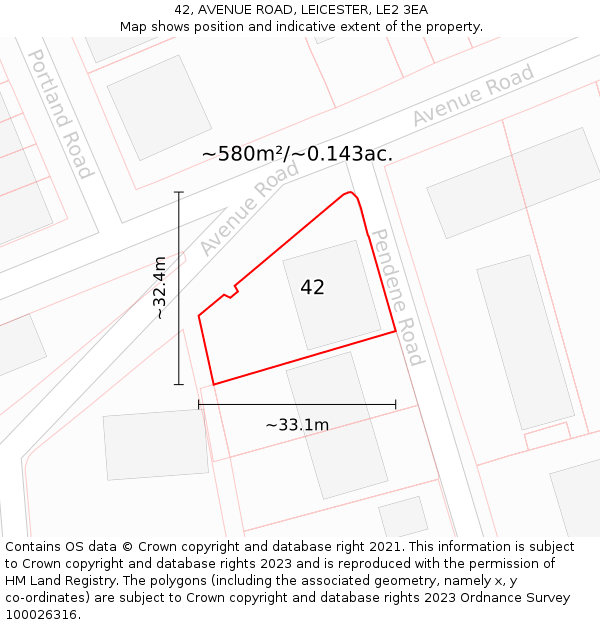 42, AVENUE ROAD, LEICESTER, LE2 3EA: Plot and title map