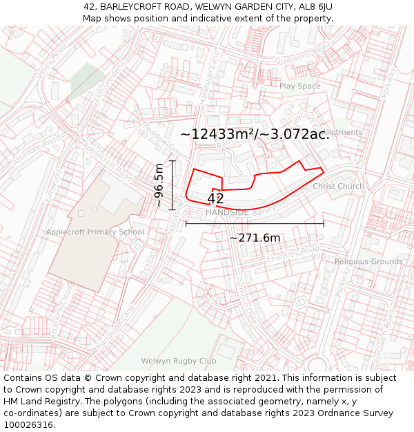 42, BARLEYCROFT ROAD, WELWYN GARDEN CITY, AL8 6JU: Plot and title map