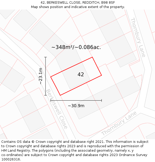 42, BERKESWELL CLOSE, REDDITCH, B98 8SF: Plot and title map