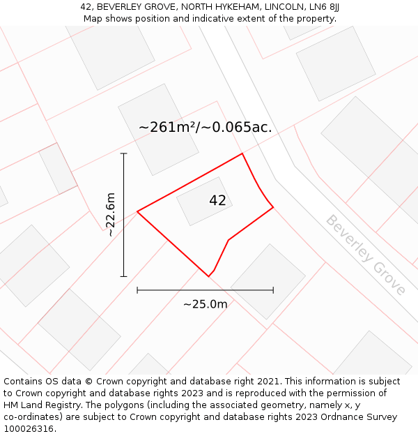 42, BEVERLEY GROVE, NORTH HYKEHAM, LINCOLN, LN6 8JJ: Plot and title map