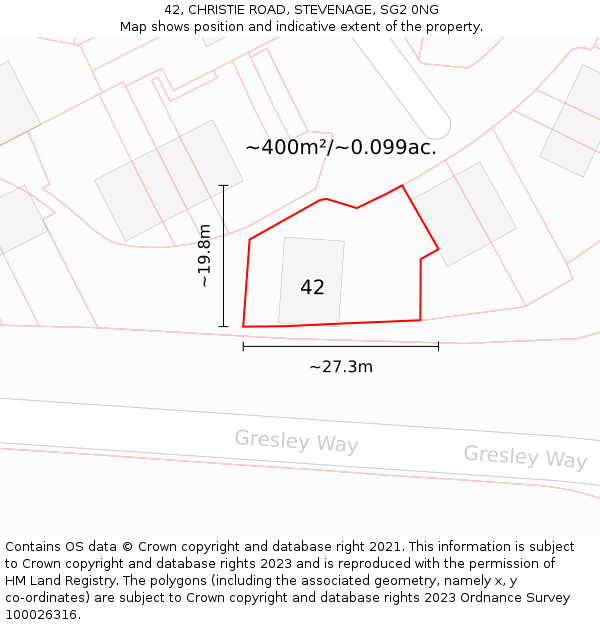 42, CHRISTIE ROAD, STEVENAGE, SG2 0NG: Plot and title map