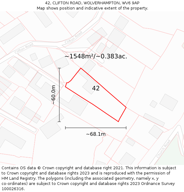 42, CLIFTON ROAD, WOLVERHAMPTON, WV6 9AP: Plot and title map