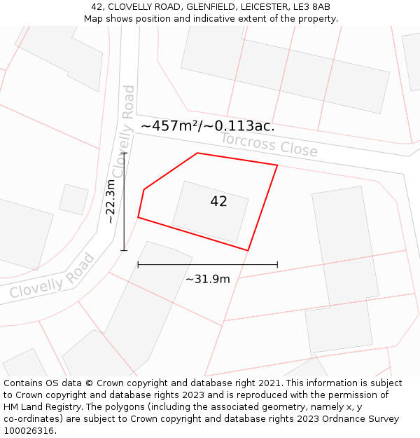 42, CLOVELLY ROAD, GLENFIELD, LEICESTER, LE3 8AB: Plot and title map