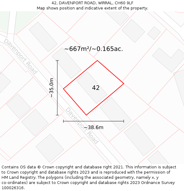 42, DAVENPORT ROAD, WIRRAL, CH60 9LF: Plot and title map