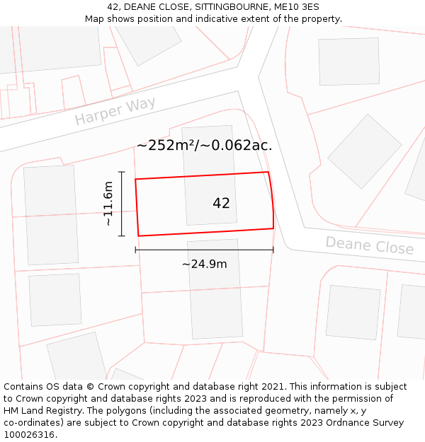 42, DEANE CLOSE, SITTINGBOURNE, ME10 3ES: Plot and title map