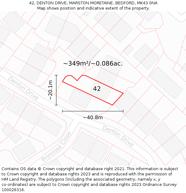 42, DENTON DRIVE, MARSTON MORETAINE, BEDFORD, MK43 0NA: Plot and title map