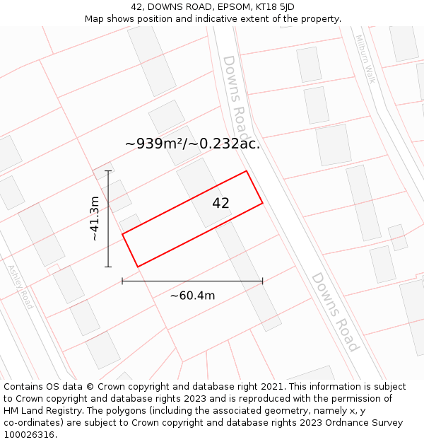 42, DOWNS ROAD, EPSOM, KT18 5JD: Plot and title map