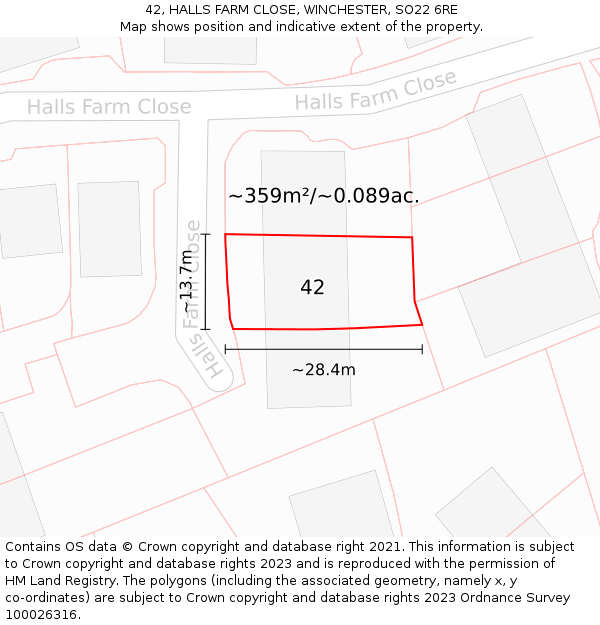 42, HALLS FARM CLOSE, WINCHESTER, SO22 6RE: Plot and title map