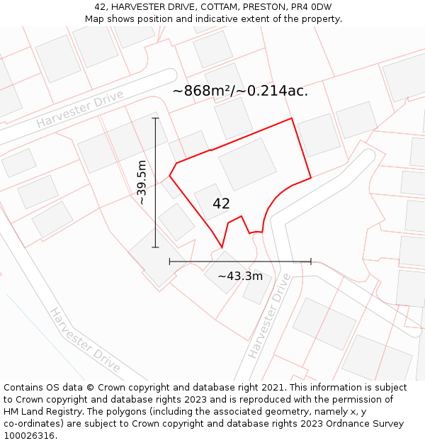 42, HARVESTER DRIVE, COTTAM, PRESTON, PR4 0DW: Plot and title map