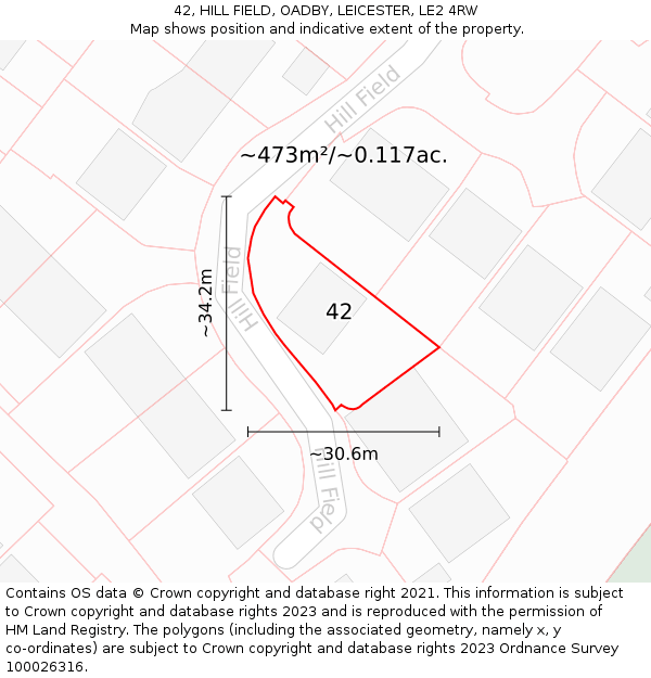 42, HILL FIELD, OADBY, LEICESTER, LE2 4RW: Plot and title map