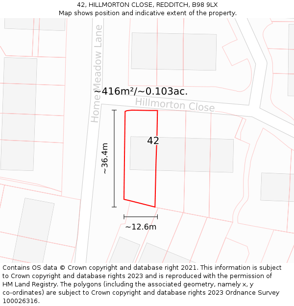 42, HILLMORTON CLOSE, REDDITCH, B98 9LX: Plot and title map