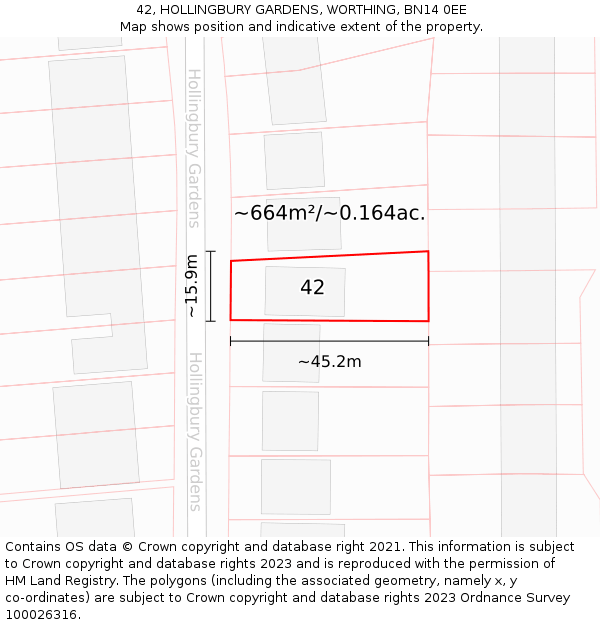 42, HOLLINGBURY GARDENS, WORTHING, BN14 0EE: Plot and title map