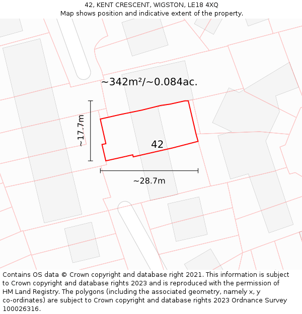 42, KENT CRESCENT, WIGSTON, LE18 4XQ: Plot and title map