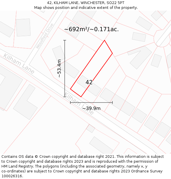 42, KILHAM LANE, WINCHESTER, SO22 5PT: Plot and title map