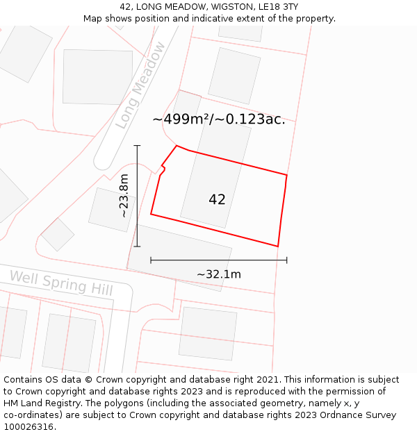 42, LONG MEADOW, WIGSTON, LE18 3TY: Plot and title map