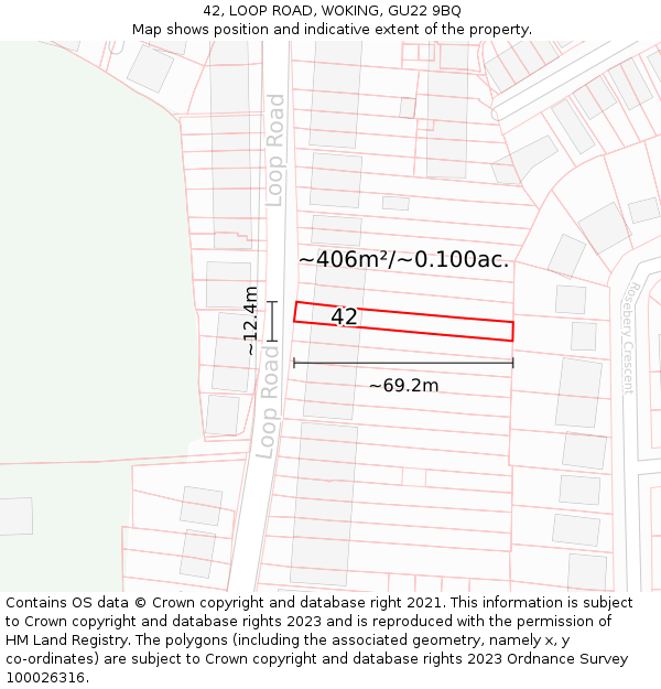 42, LOOP ROAD, WOKING, GU22 9BQ: Plot and title map