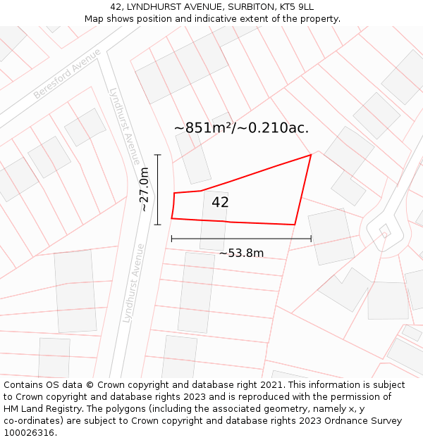 42, LYNDHURST AVENUE, SURBITON, KT5 9LL: Plot and title map