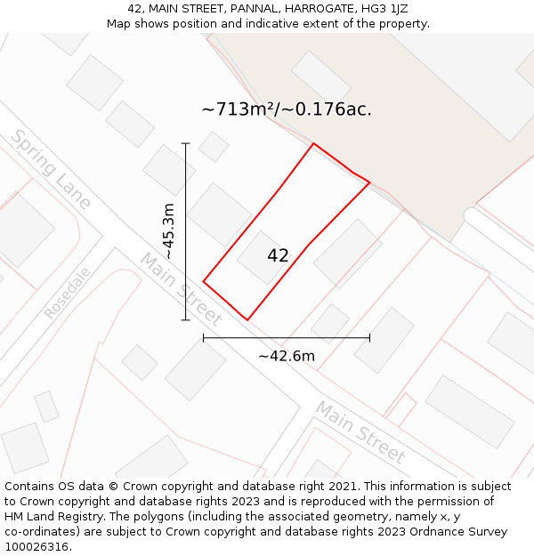 42, MAIN STREET, PANNAL, HARROGATE, HG3 1JZ: Plot and title map