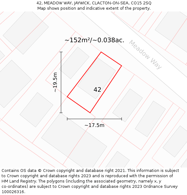 42, MEADOW WAY, JAYWICK, CLACTON-ON-SEA, CO15 2SQ: Plot and title map