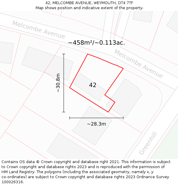 42, MELCOMBE AVENUE, WEYMOUTH, DT4 7TF: Plot and title map