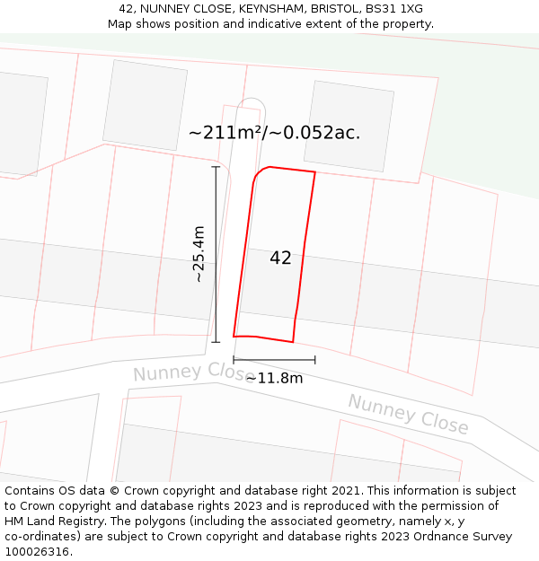 42, NUNNEY CLOSE, KEYNSHAM, BRISTOL, BS31 1XG: Plot and title map