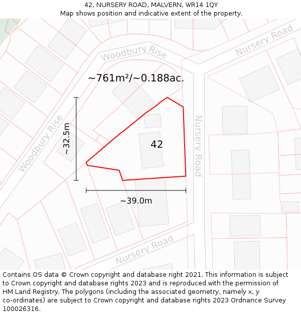 42, NURSERY ROAD, MALVERN, WR14 1QY: Plot and title map