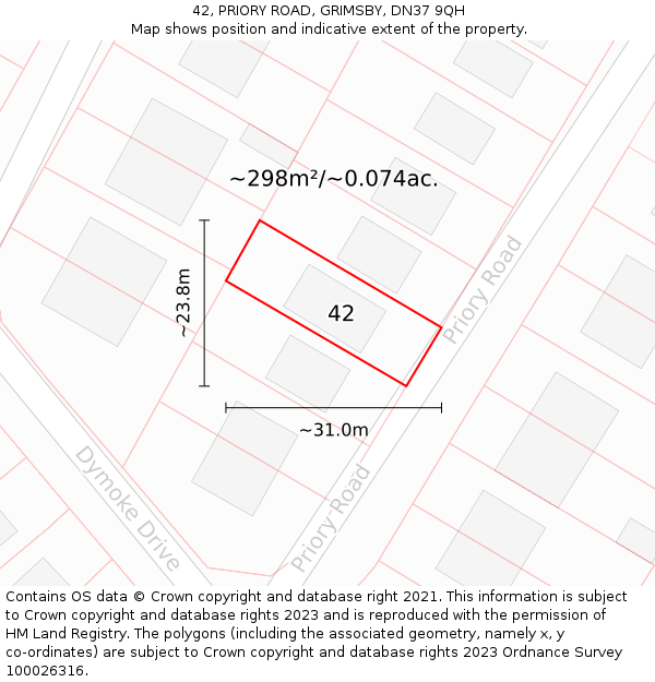 42, PRIORY ROAD, GRIMSBY, DN37 9QH: Plot and title map