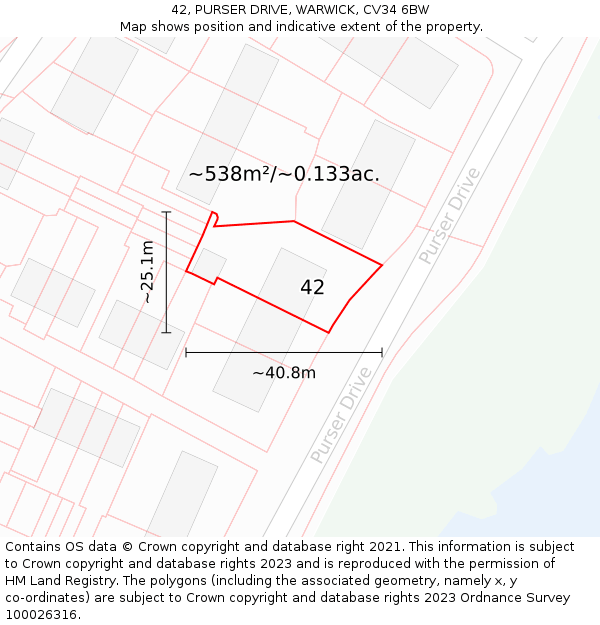 42, PURSER DRIVE, WARWICK, CV34 6BW: Plot and title map