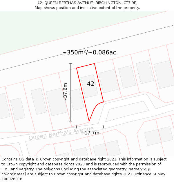 42, QUEEN BERTHAS AVENUE, BIRCHINGTON, CT7 9BJ: Plot and title map