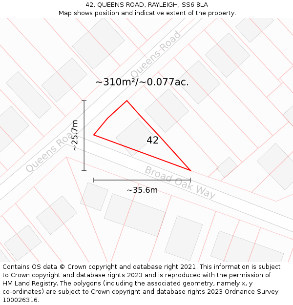 42, QUEENS ROAD, RAYLEIGH, SS6 8LA: Plot and title map