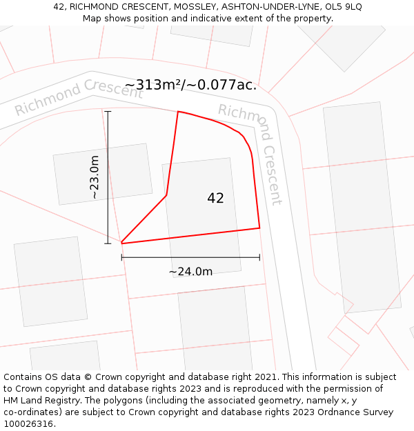 42, RICHMOND CRESCENT, MOSSLEY, ASHTON-UNDER-LYNE, OL5 9LQ: Plot and title map