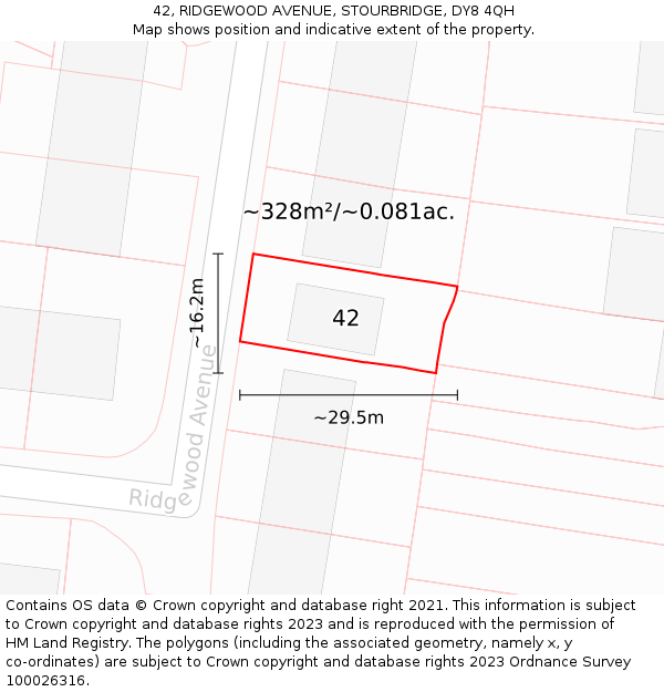 42, RIDGEWOOD AVENUE, STOURBRIDGE, DY8 4QH: Plot and title map