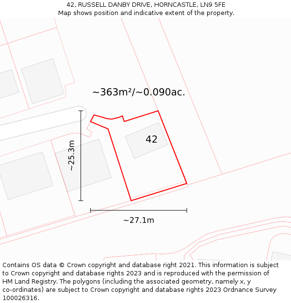 42, RUSSELL DANBY DRIVE, HORNCASTLE, LN9 5FE: Plot and title map