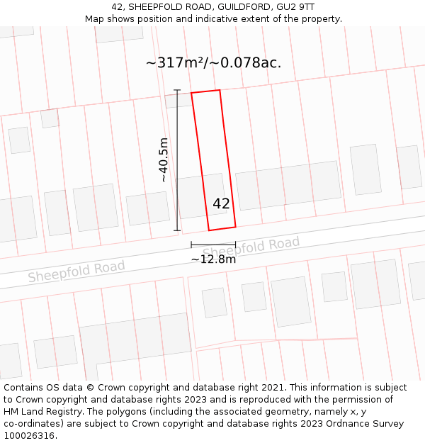 42, SHEEPFOLD ROAD, GUILDFORD, GU2 9TT: Plot and title map