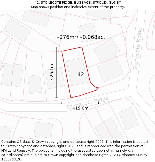 42, STONECOTE RIDGE, BUSSAGE, STROUD, GL6 8JY: Plot and title map