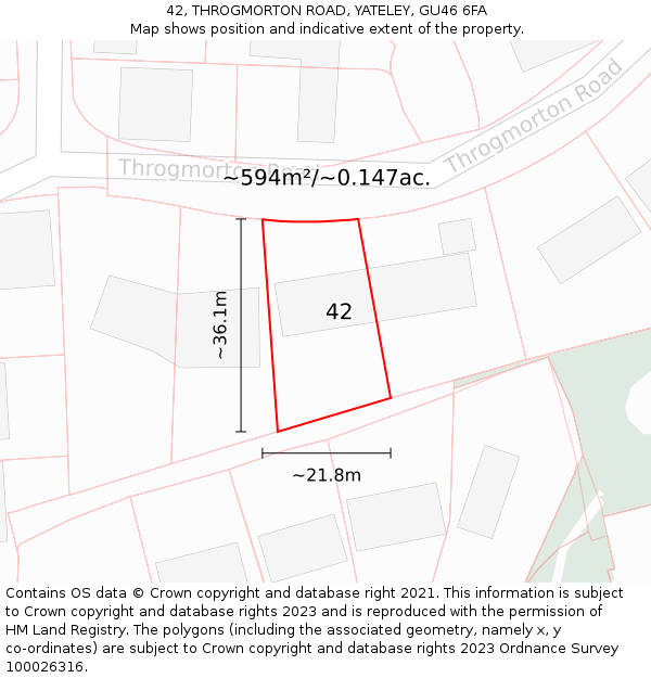 42, THROGMORTON ROAD, YATELEY, GU46 6FA: Plot and title map