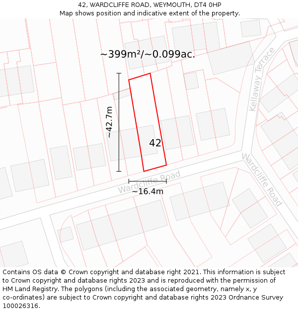 42, WARDCLIFFE ROAD, WEYMOUTH, DT4 0HP: Plot and title map