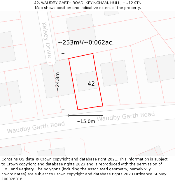 42, WAUDBY GARTH ROAD, KEYINGHAM, HULL, HU12 9TN: Plot and title map