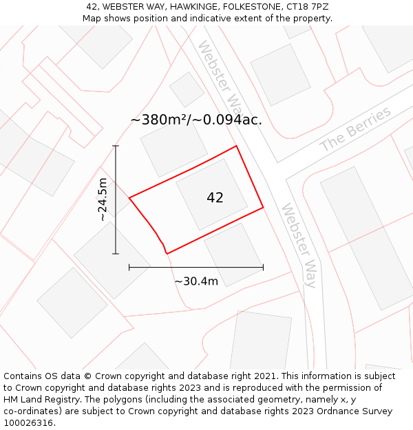 42, WEBSTER WAY, HAWKINGE, FOLKESTONE, CT18 7PZ: Plot and title map