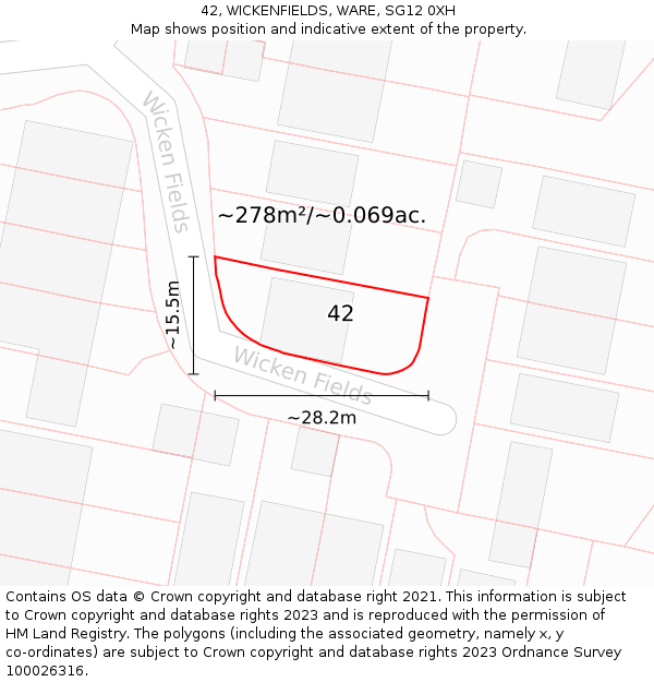 42, WICKENFIELDS, WARE, SG12 0XH: Plot and title map