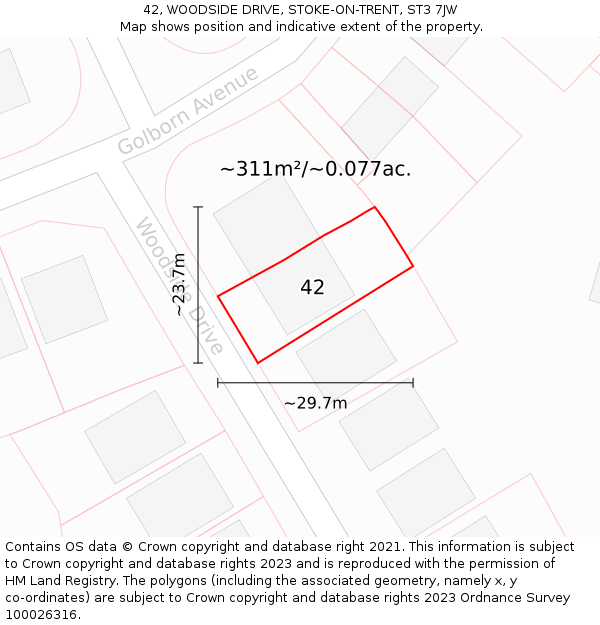 42, WOODSIDE DRIVE, STOKE-ON-TRENT, ST3 7JW: Plot and title map