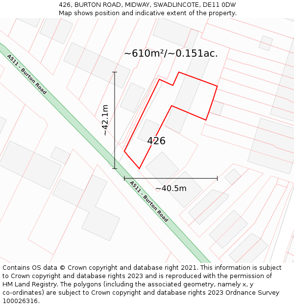 426, BURTON ROAD, MIDWAY, SWADLINCOTE, DE11 0DW: Plot and title map