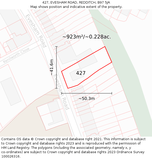 427, EVESHAM ROAD, REDDITCH, B97 5JA: Plot and title map