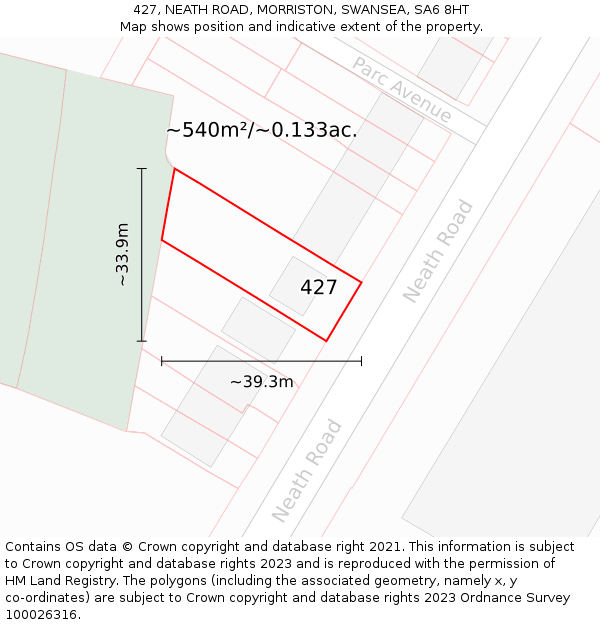 427, NEATH ROAD, MORRISTON, SWANSEA, SA6 8HT: Plot and title map