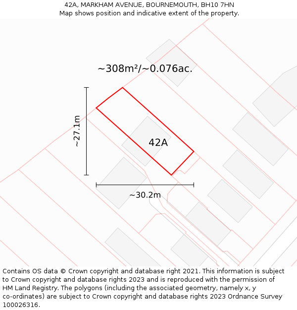 42A, MARKHAM AVENUE, BOURNEMOUTH, BH10 7HN: Plot and title map